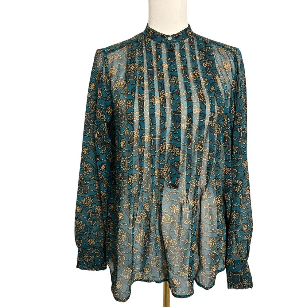 LOFT Blouse Womens XS Blue Floral Mock Neck Pleated Long Sleeve Sheer Top